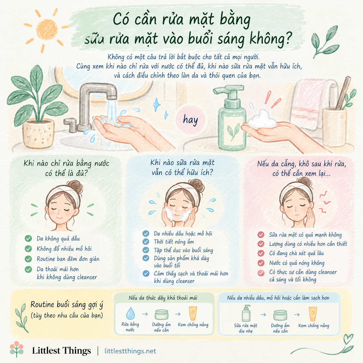 Minh họa pastel so sánh rửa mặt buổi sáng bằng nước với sữa rửa mặt và các dấu hiệu cần điều chỉnh cách làm sạch.