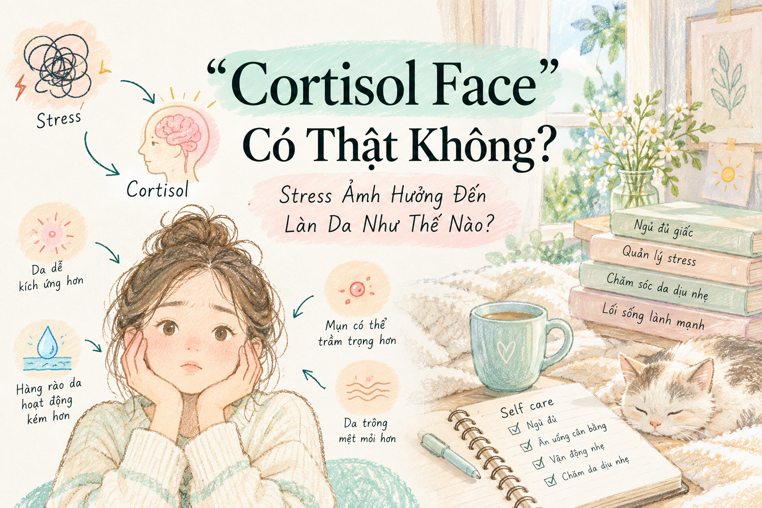 Minh họa “Cortisol Face” và mối liên hệ giữa stress, cortisol và làn da