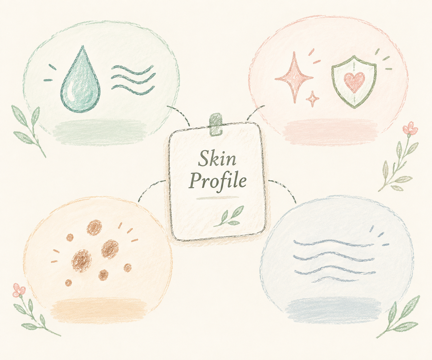 Minh họa Skin Profile với bốn nhóm đặc điểm làn da theo phong cách crayon của Littlest Things.