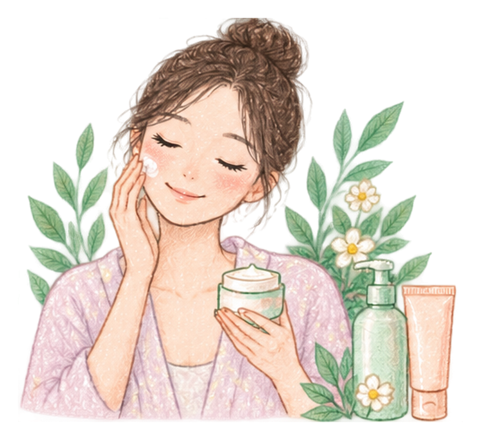 Minh họa một người đang thoa kem dưỡng, bên cạnh cây xanh và các sản phẩm chăm sóc da.